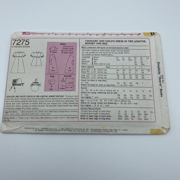Simplicity 7275 Toddler's Dress in Two Lengths Bonnet & Bag Size 3 Vintage Cut - Picture 3 of 5